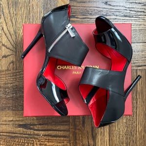 Charles Jourdan black leather open toe cutout pump